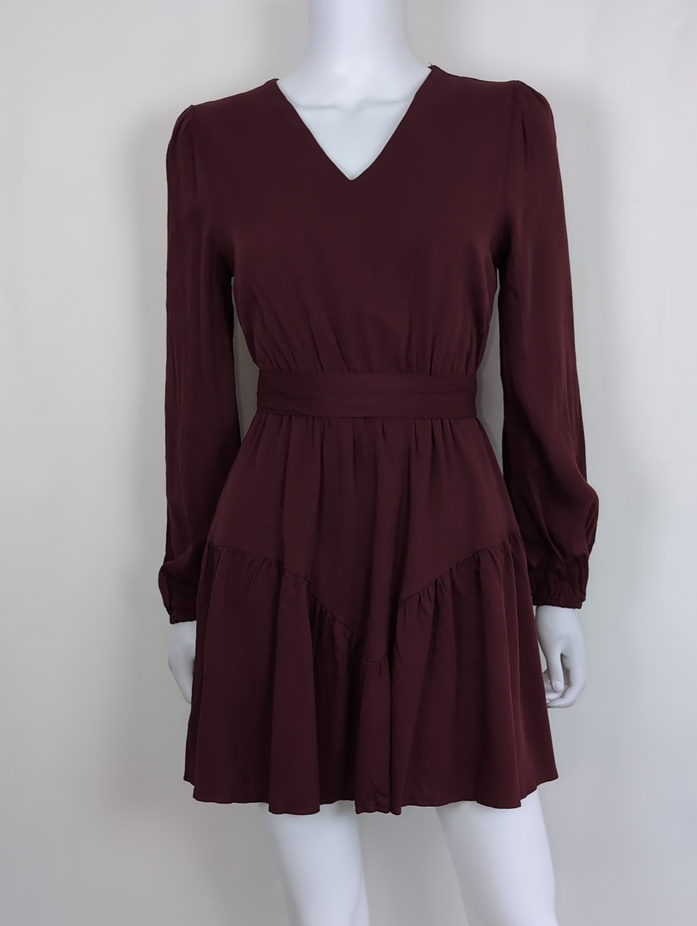 SHEIN Dark Red Long Sleeve V Neck Belted Tie Waist Mini Dress Size Small